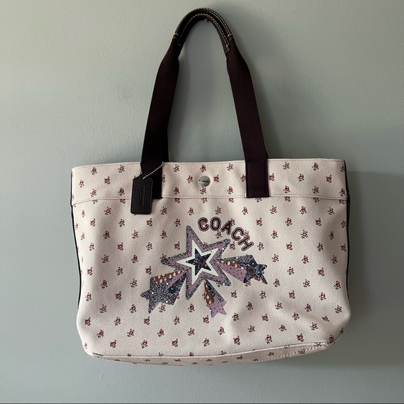 Coach Handbags - COACH Large Pink Ditsy Floral Star Canvas Tote with Leather Trim F55598